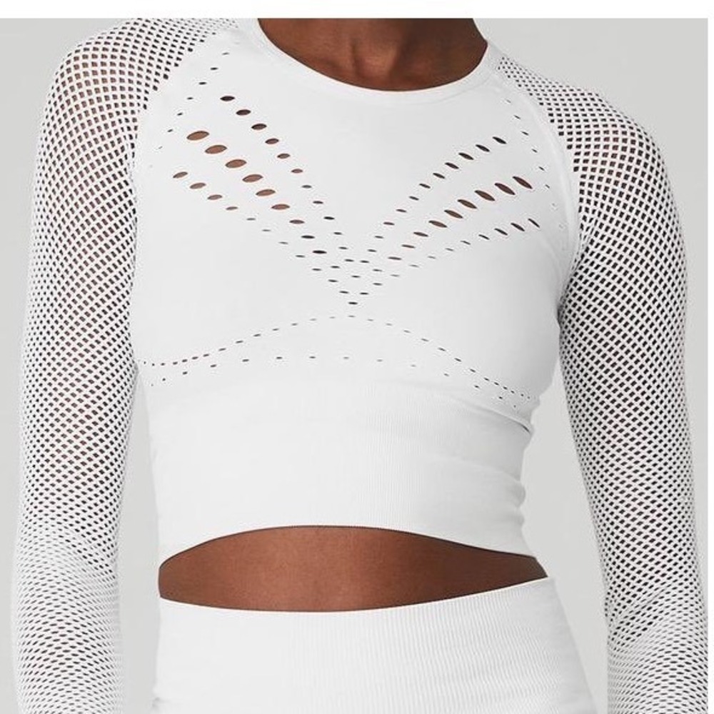 Alo Yoga Open Air Seamless Top Women Large White Mesh Long‎ Sleeve Crop Workout